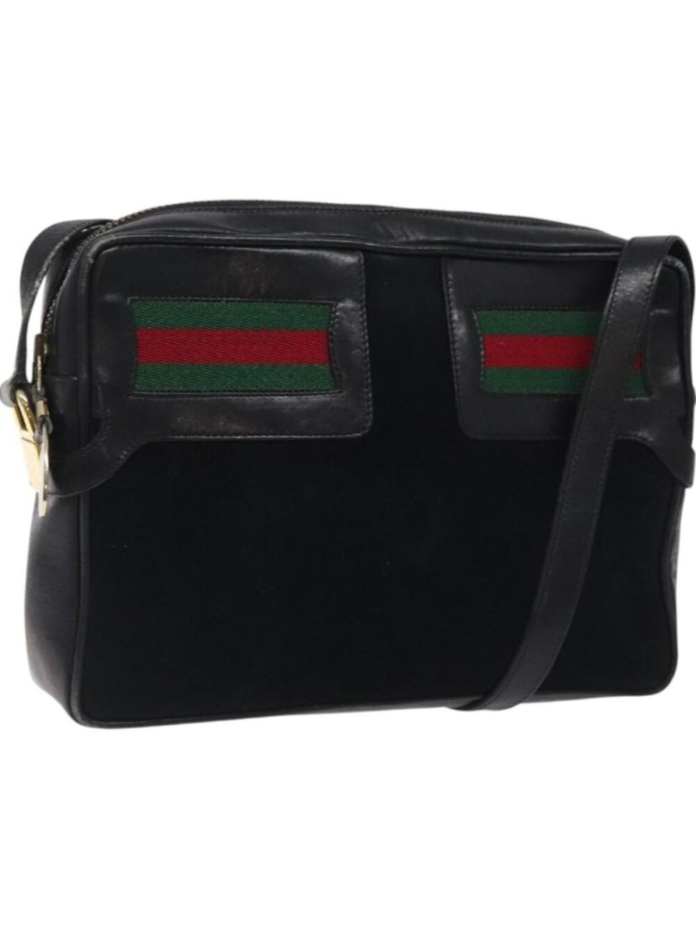 GUCCI Web Sherry Line Shoulder Bag Suede Black Gold Red